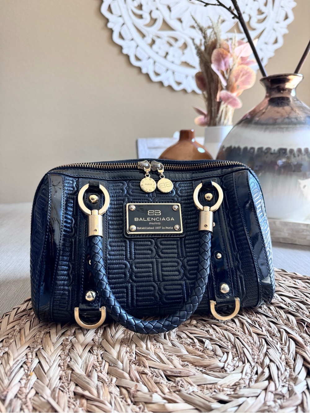 Vintage Balenciaga Black Quilted Patent Leather Satchel with Gold Hardware - Picture 1 of 9